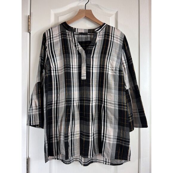 new directions Tops - New Directions Women's Black White Gold Metallic Plaid Bell Sleeve Top Size M